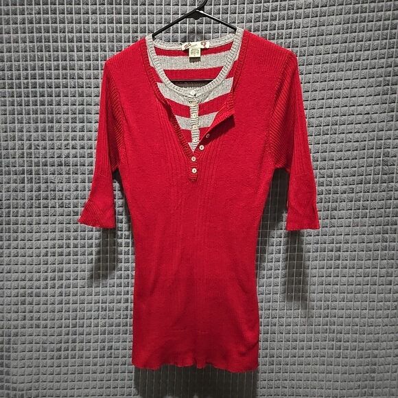 Y2K Layered Sweater Dress Tunic Top SzLg STRETCH Soft Henley Red Preppy 90s VTG - Picture 3 of 16